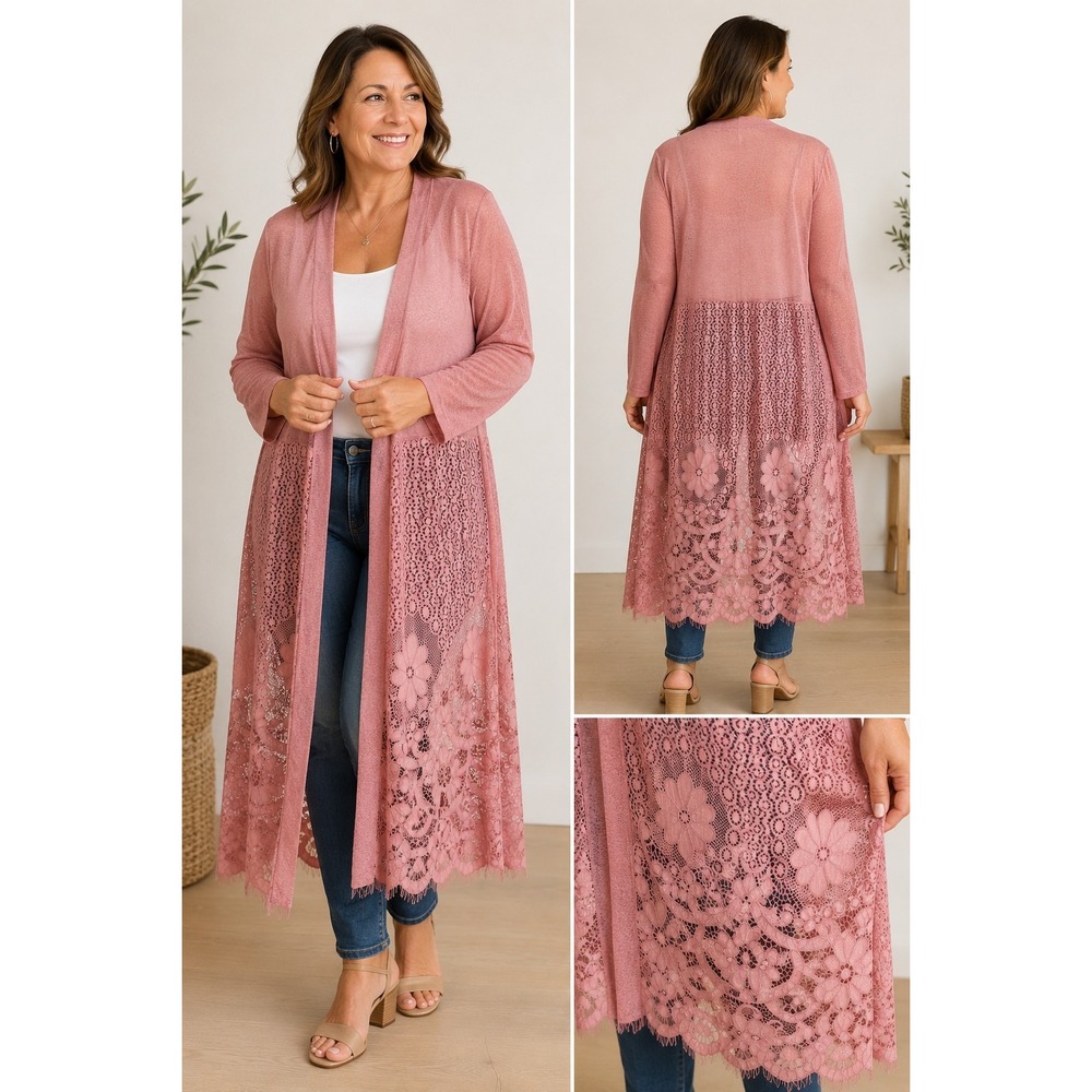 Sirenlily Maternity Open Front Cardigan Womens XL Pink Lace Hem Long Sleeve